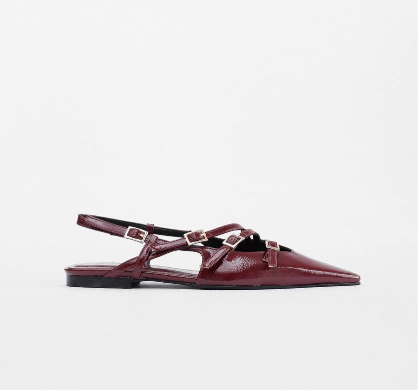 Multi TOE THREE STRAPS CLARET PATENT Flat BALLERINAS