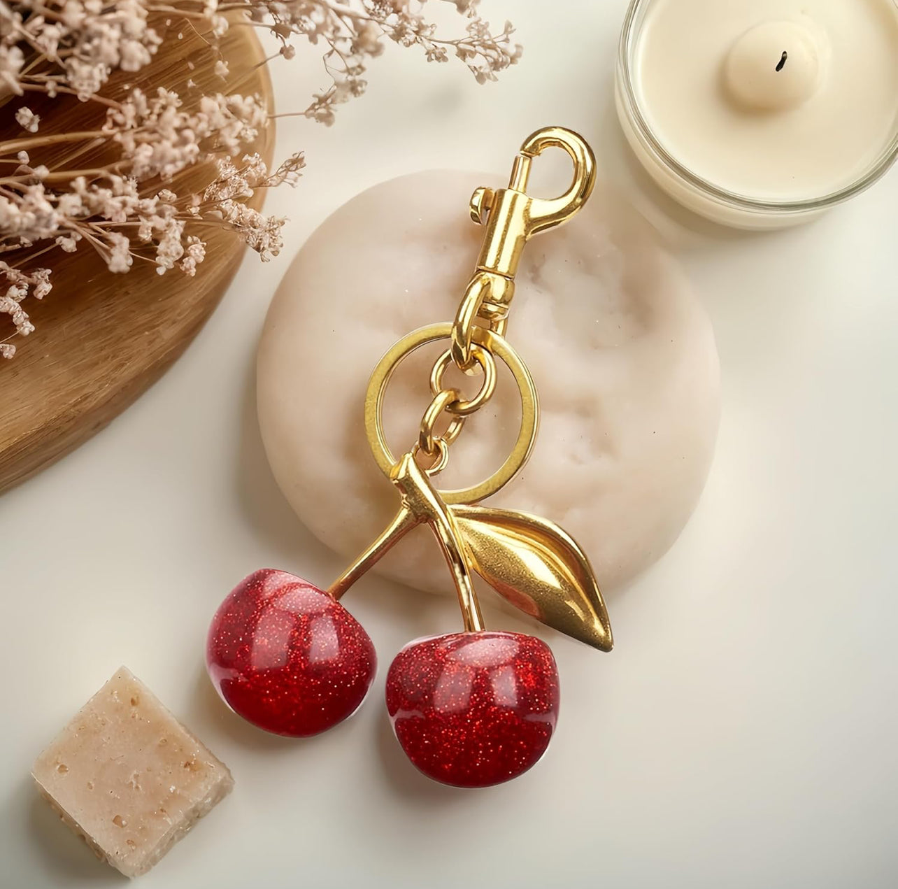 Chic Cherry Keychain with Crystal Accents