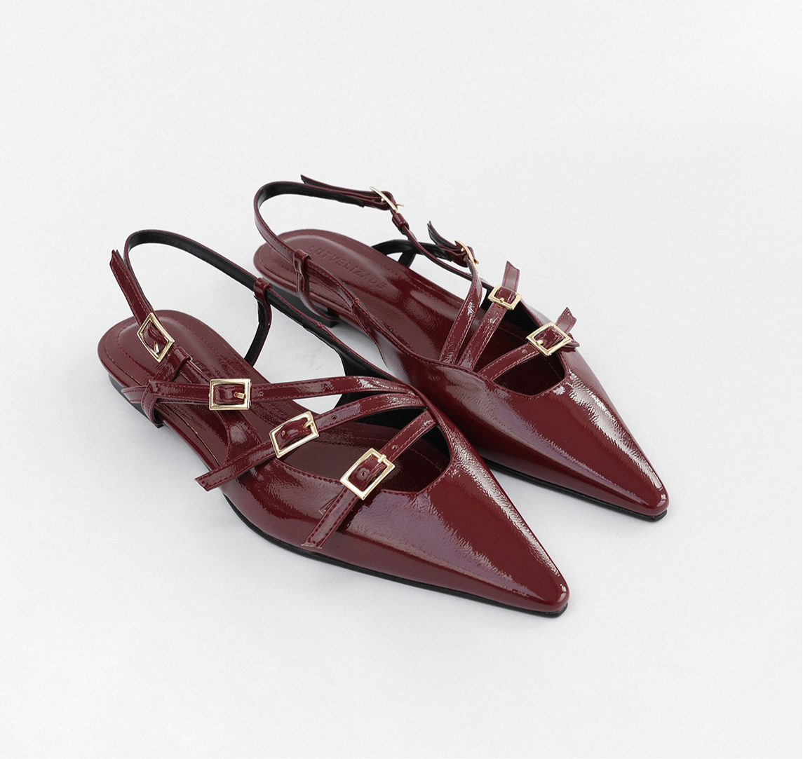 Multi TOE THREE STRAPS CLARET PATENT Flat BALLERINAS