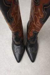 EMBROIDERED COWBOY HEEL BLACK-TAN WOMEN'S BOOTS