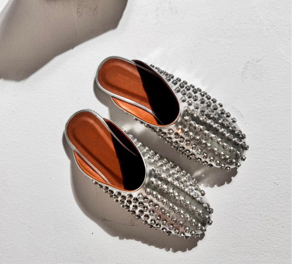 Crystal-embellished leather mules