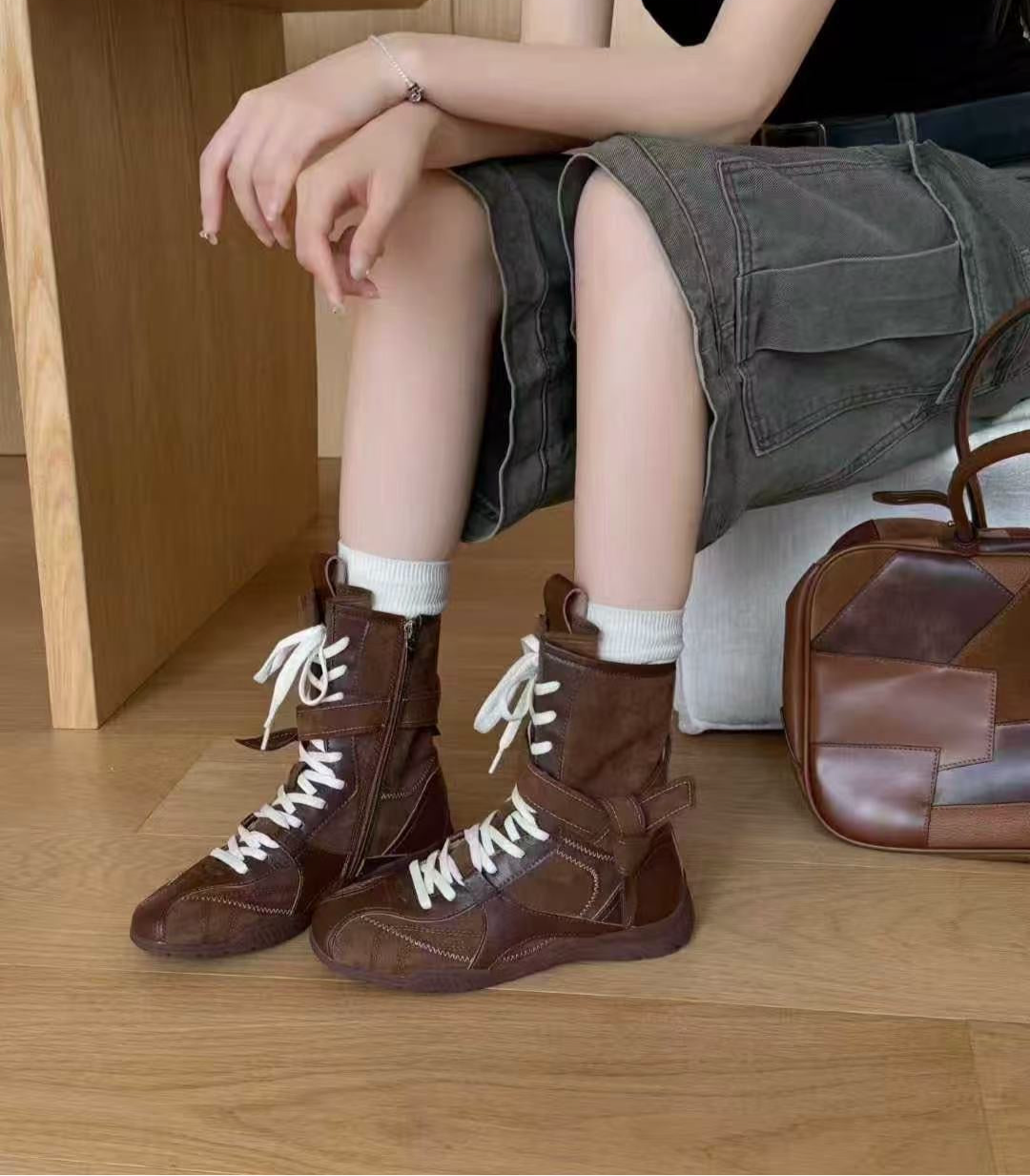 High-Top Lace-Up Sneaker Boots with Ankle Strap