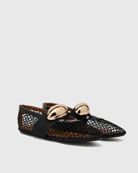 Aria Hardware Buckle Fishnet Ballet Flats