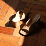 Tan Suede Open-Toe Mule Heels