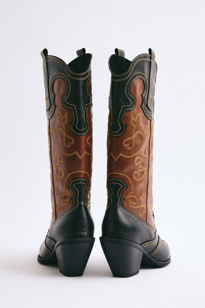 EMBROIDERED COWBOY HEEL BLACK-TAN WOMEN'S BOOTS