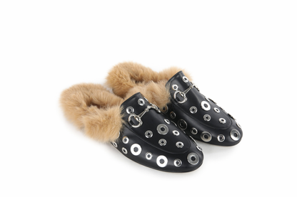 Casual Buckle Fur studded  Mules