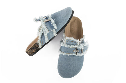 BUCKLED DENIM CLOGS