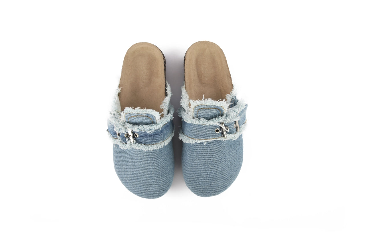 BUCKLED DENIM CLOGS