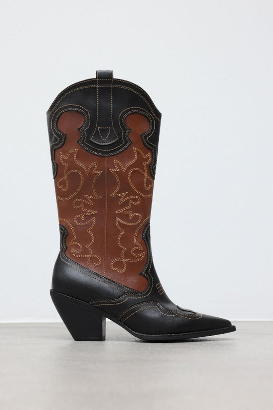 EMBROIDERED COWBOY HEEL BLACK-TAN WOMEN'S BOOTS