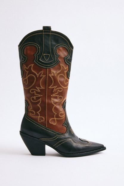 EMBROIDERED COWBOY HEEL BLACK-TAN WOMEN'S BOOTS