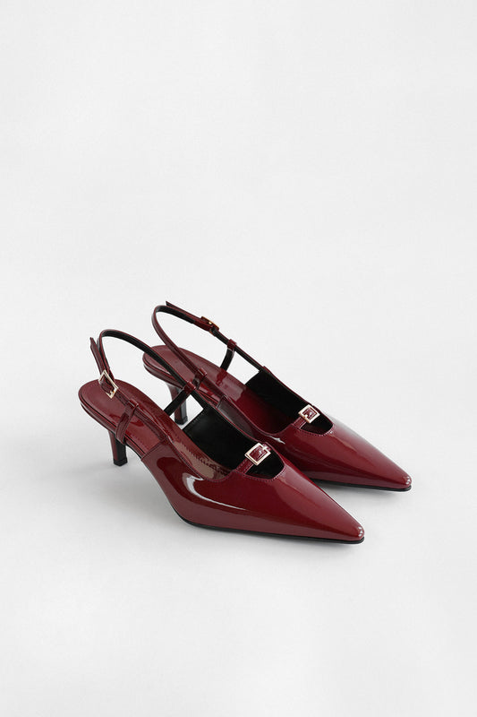 POINTED TOE SINGLE BAND BURGUNDY PATENT LEATHER WOMEN'S HEELS