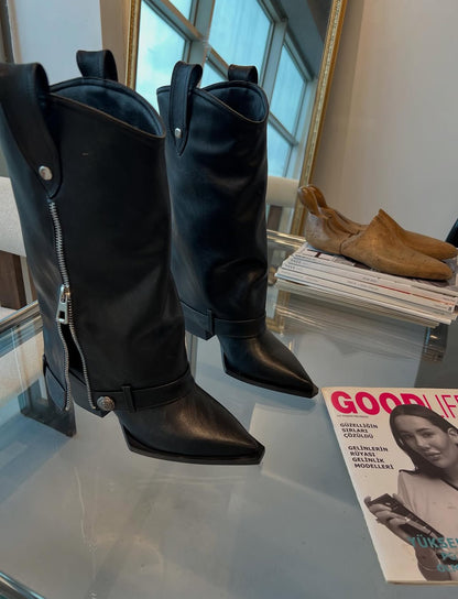 Black Leather Zipper Boots