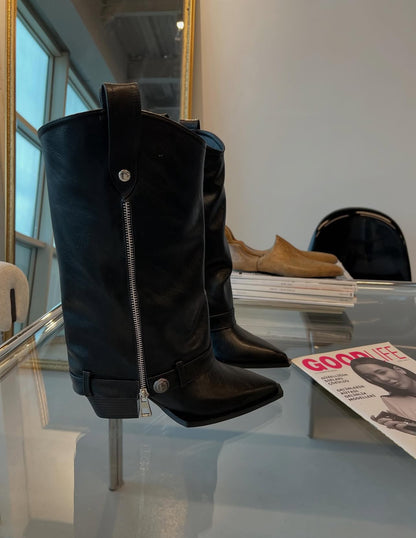 Black Leather Zipper Boots