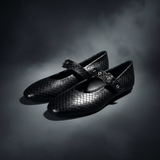 Black Croco Mary Jane Flats on Swirling Grey Background