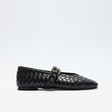 Black woven Mary Jane buckle close-up 1:1
