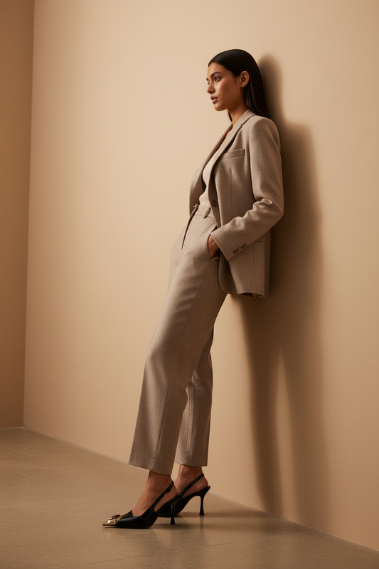 Side profile leaning against wall